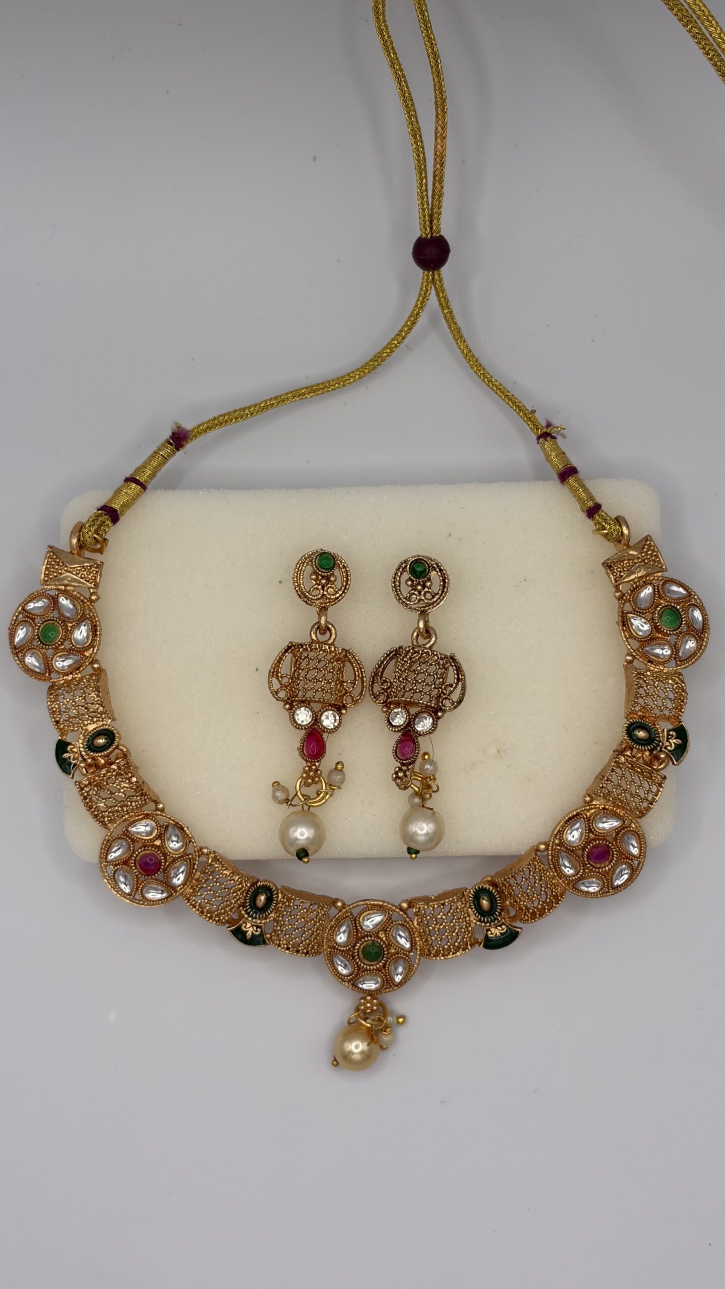 Antique Gold-Plated Designer Necklace Set with Dangling Earrings